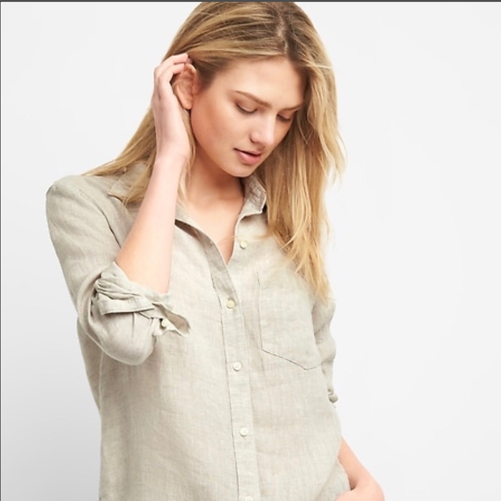 Soft surroundings tan linen button down shirt